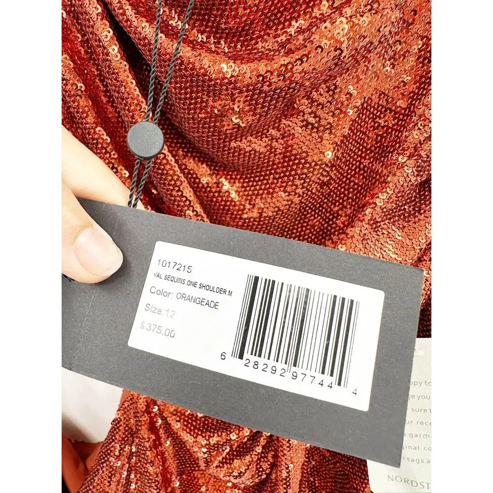 Halston Val Sequins One Shoulder Mini Dress in Orangeade Size 12 NWT‎